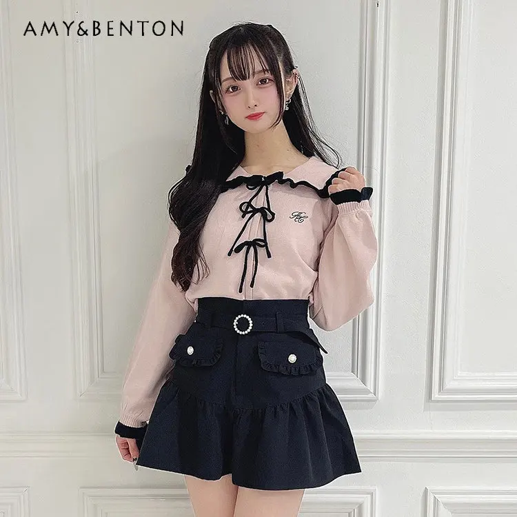 Japanese Sweet Color Matching Lapel Chest Bow Soft Girls Long Sleeve Pullover Knitwear Top Cute Young Girl Lolita Women Sweater