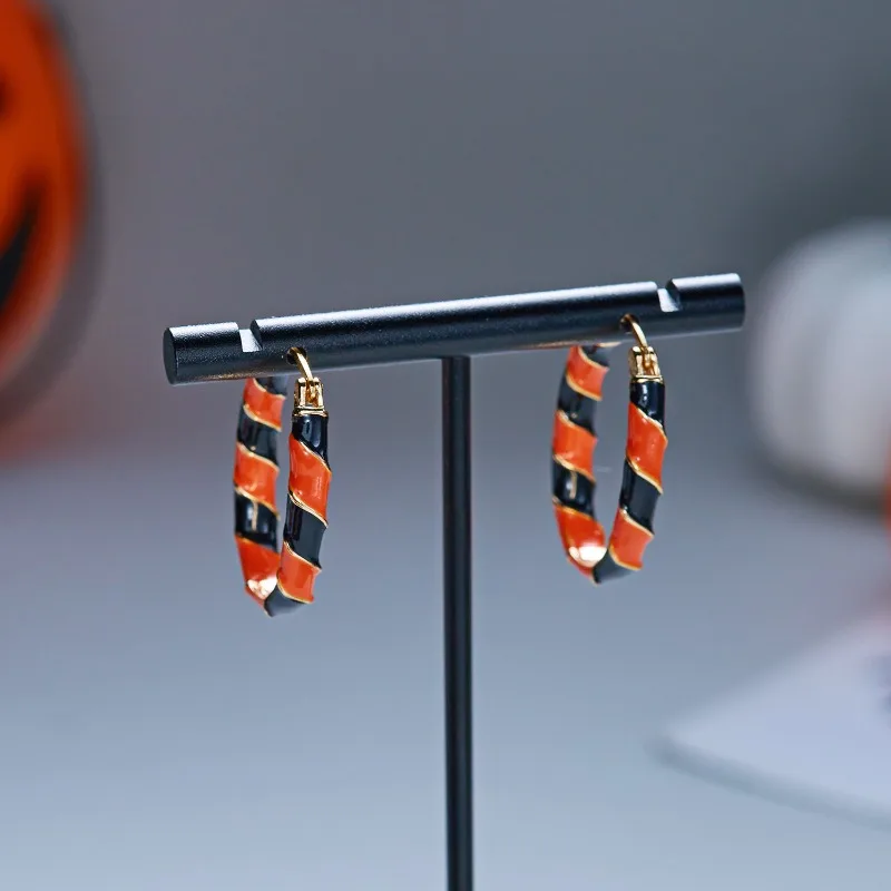 DOO MEI Halloween Circle Hoop Earrings for Women Orange Black Stripe Polymer Clay Beaded Earrings Party Costume Ear Jewelry