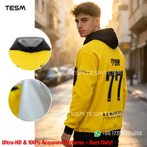 TESM Men Hoodies Sweatshirt Yellow Black Football Jersey NO. 77 3D Printed Hooded Pullover Casual Streetwear Top Male