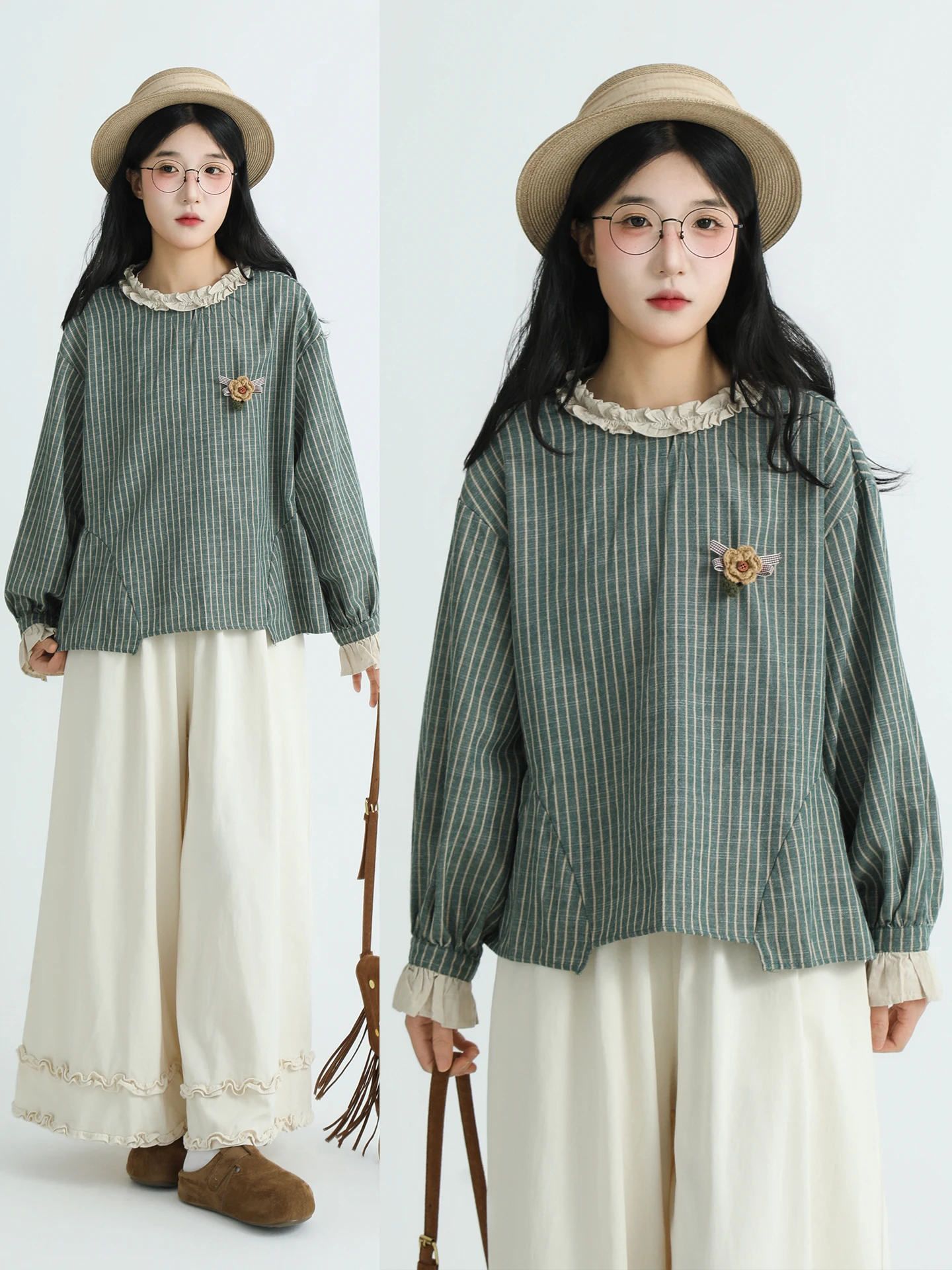 

Boeren Long Sve Striped Patchwork Loose Women's irt Vintage Sle Cotton Comfortable Warm Spring Faion Outerwear