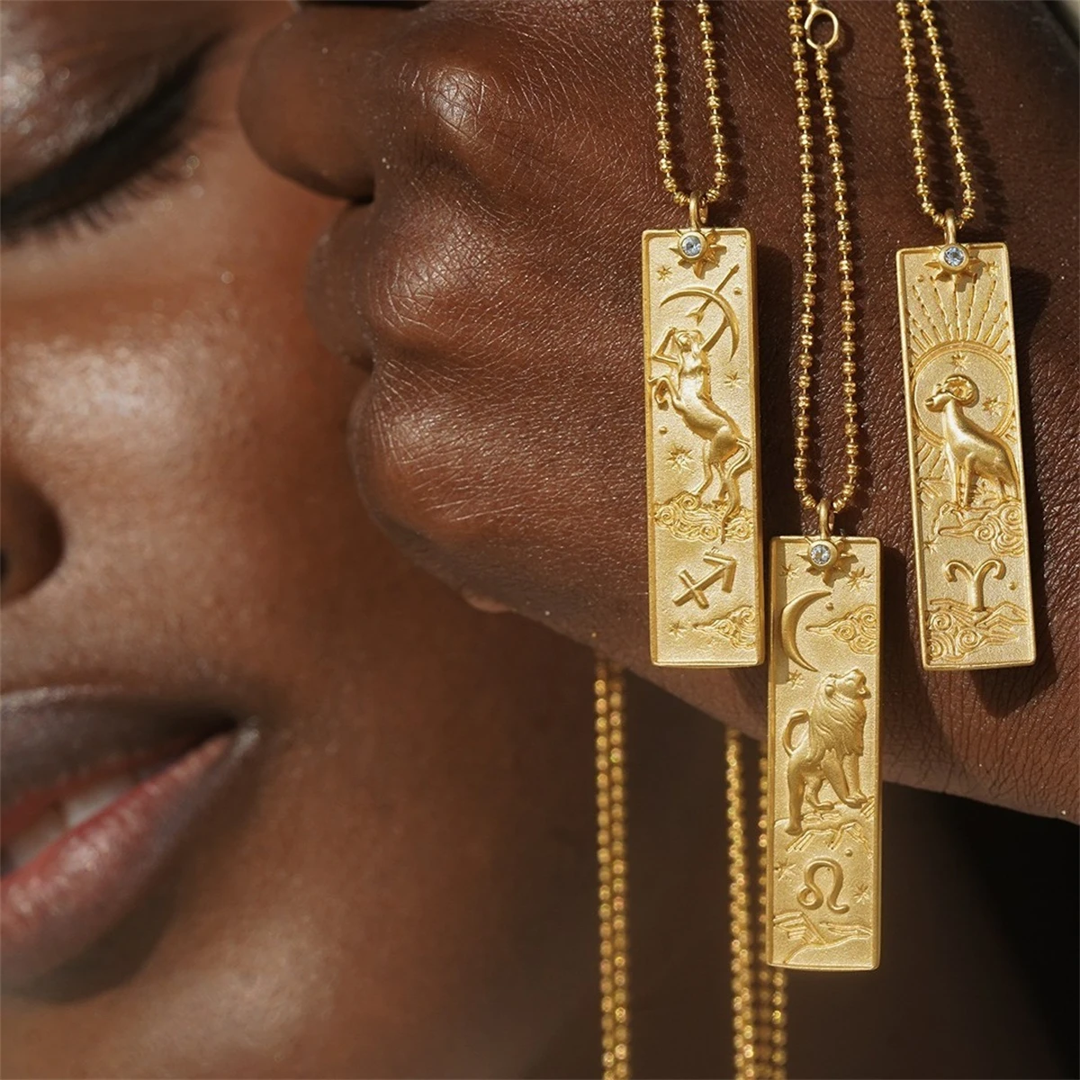 Stainless steel 12 constellation rectangular pendant necklace，electroplated with genuine gold，waterproof and color preserving