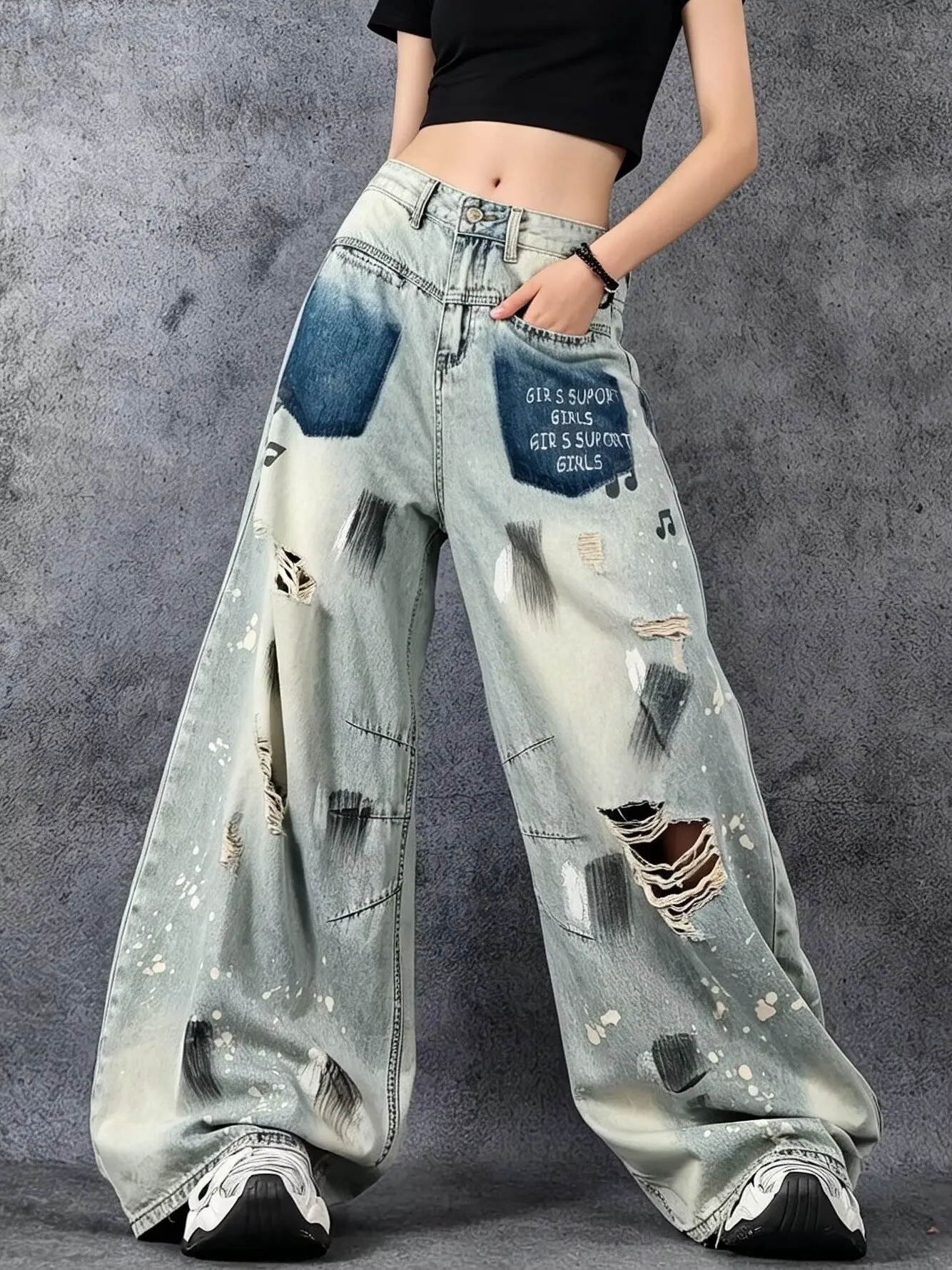 Jeans Women Denim Pant Straight Trousers Wide Leg Long Pants High Waist Y2k Streetwear Casual Mom Jeans Splice Denim Pants