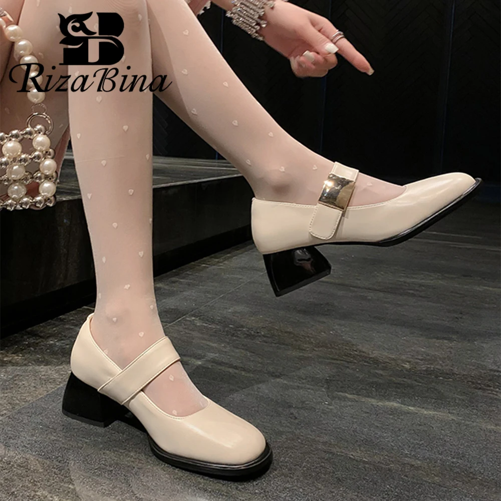 

RIZABINA Fashion Women Pumps Real Leather Metal Buckle Chunky Heel Mary Jane Shoes Female Shallow Office Daily Shoes Handmade