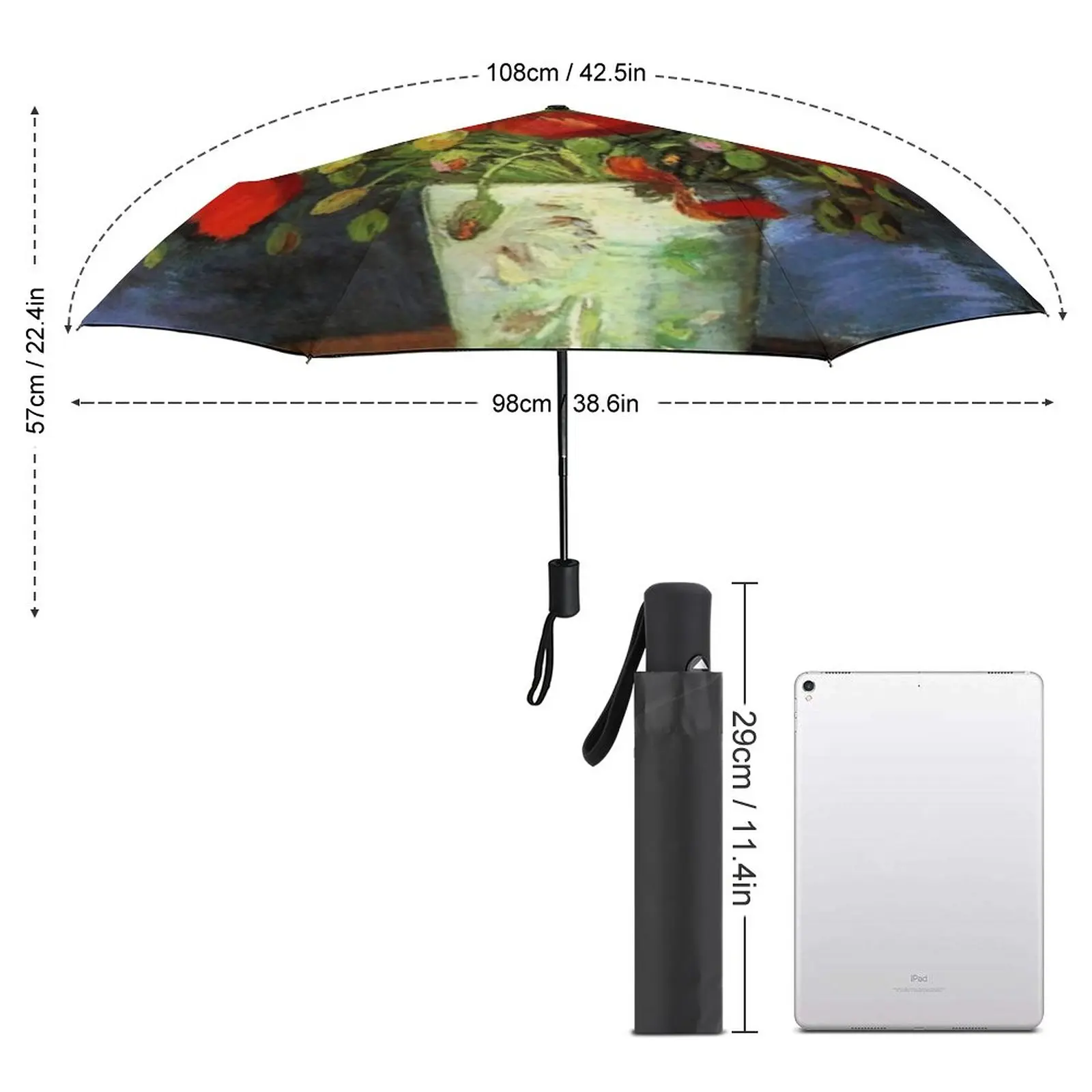 Van Gogh Umbrella Vase with Red Poppies Beautiful Folding Umbrella Design Car Windproof Auto Umbrella