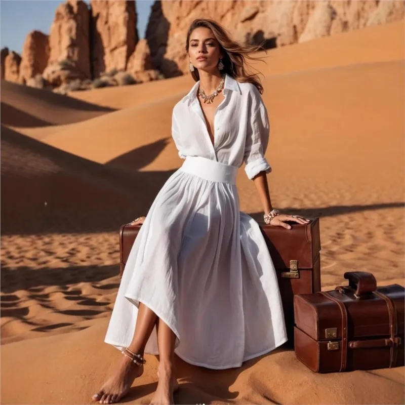 

Spring Summer Classic Black/white Shirt Dress Fashion Lapel Slim Fit High Waist A-line Big Swing Elegant Dresses Women 2025 New