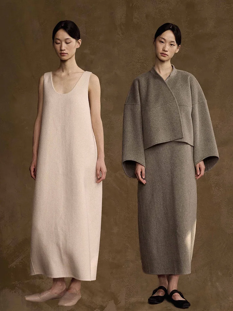 

New Chinese Sle Double-Sided Woolen Jaet ort Set White Vest Long Skirt Women's Autumn Winter Faion Casual Thiened W...