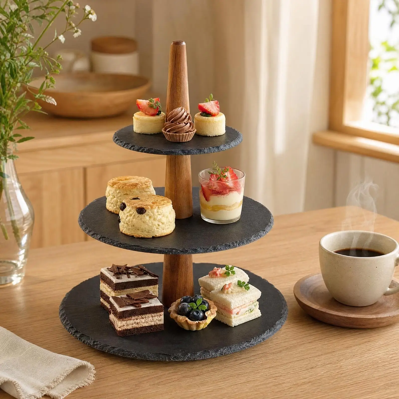 Round Slate Serving Stand with Wooden Handle Food-Safe Vertical Sushi Serving Tray Hand-Finished Dessert Stand Easy to Clean
