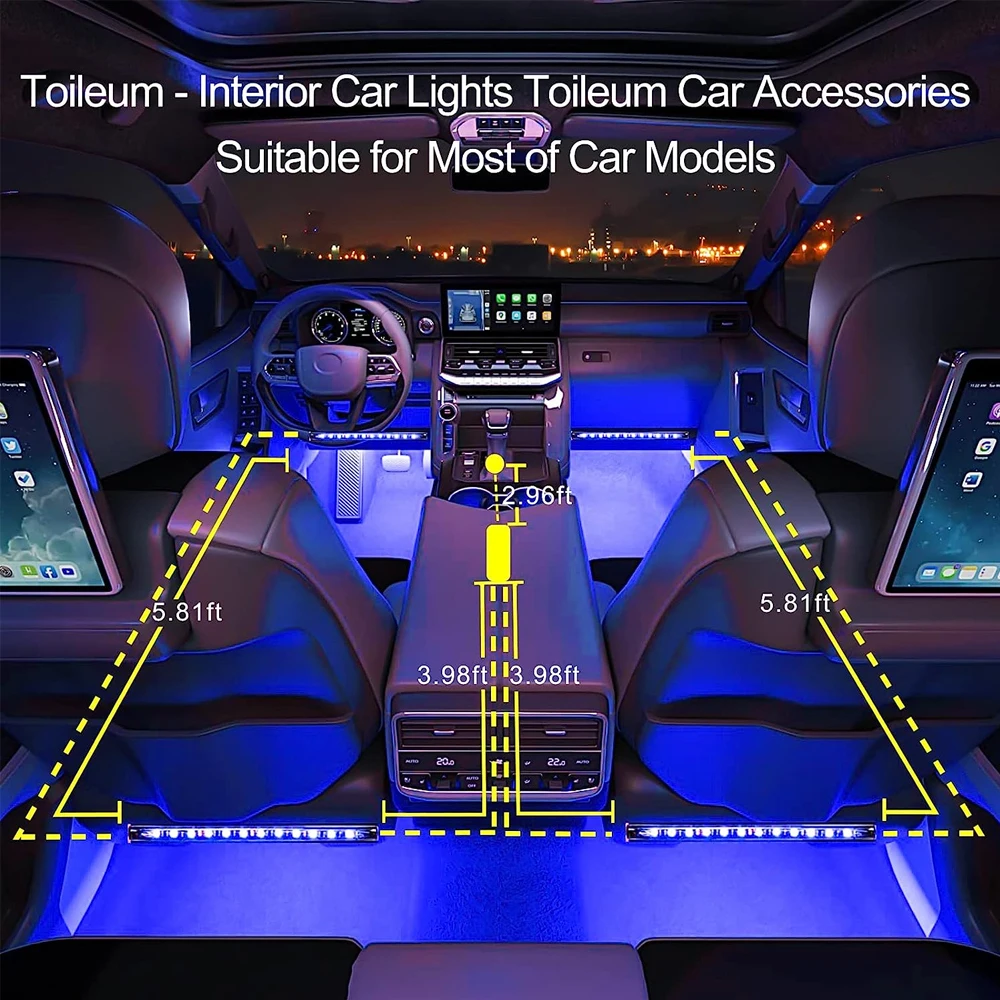 OKEEN 72LED 4in1 Interior Neon Light Strip USB  With App Remote Music Control Atmosphere Lamp Car  Accessory Ambient Foot Lights