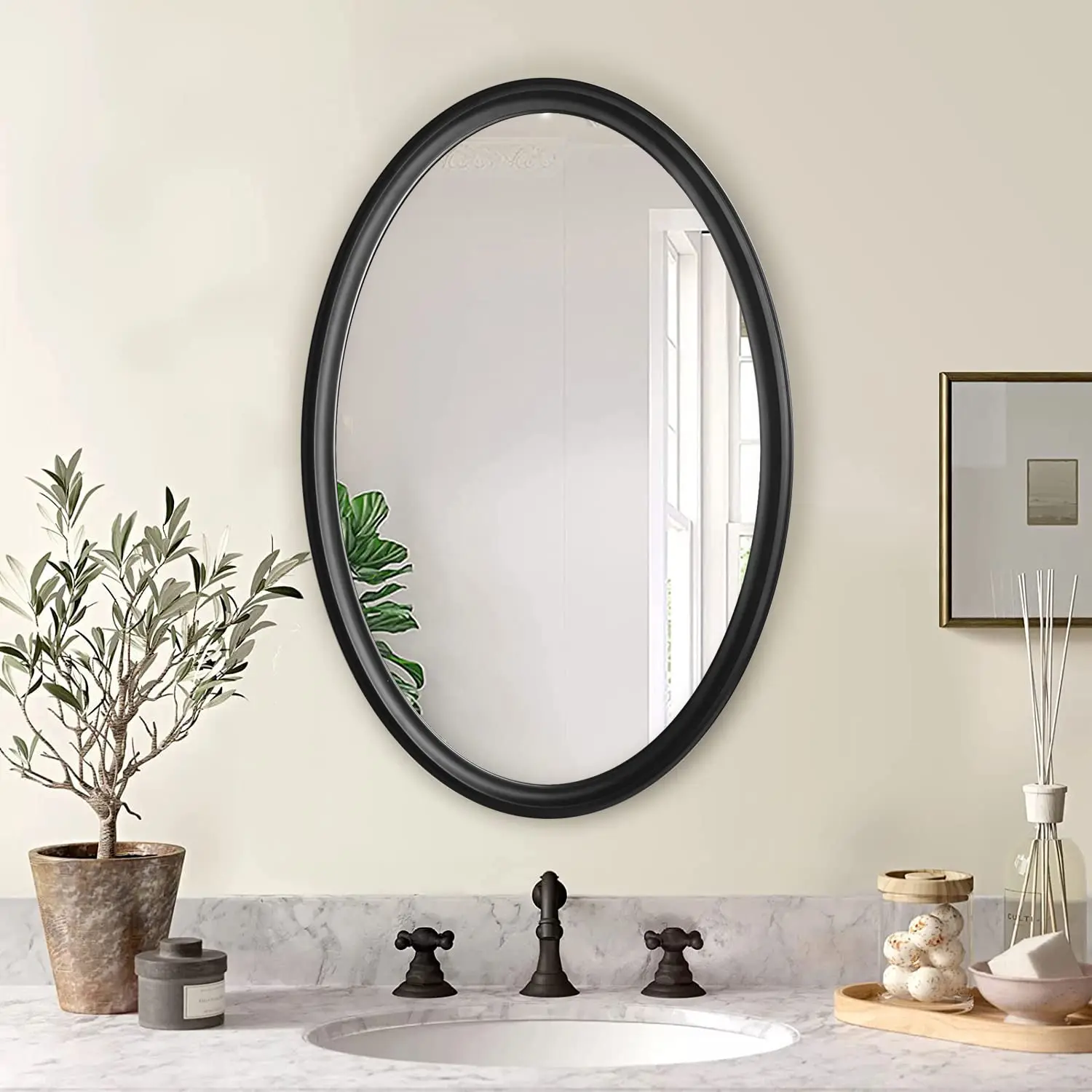 24x36 Inch Black Oval Bathroom Mirror, Wooden Fed Mirror Wall Mounted, ern Antique Style Mirror for Bathroom, Bedroom