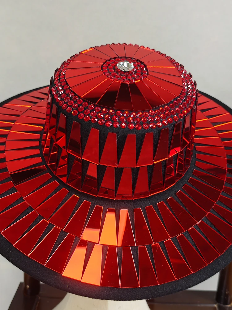Glitter Red Rhinestones Mirror Hat Jazz Birthday Club Sombrero Festival Performance Singer Prom Stage Accessories Evening Party