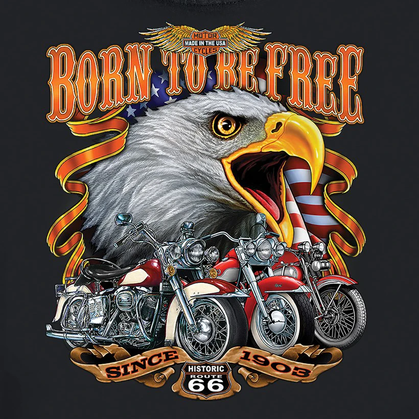 Born To Be Free Historic Route 66 Bald Eagle Motorcycle T-Shirt 100% Cotton O-Neck Short Sleeve Summer Casual Mens T-shirt