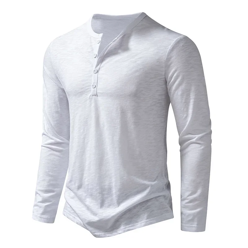 Herbst Neue männer Baumwolle Taste Langarm Henley Neck T-Shirt Casual Einfarbig Atmungsaktive Vielseitige Mode Dünne T-Shirts – Detail 3
