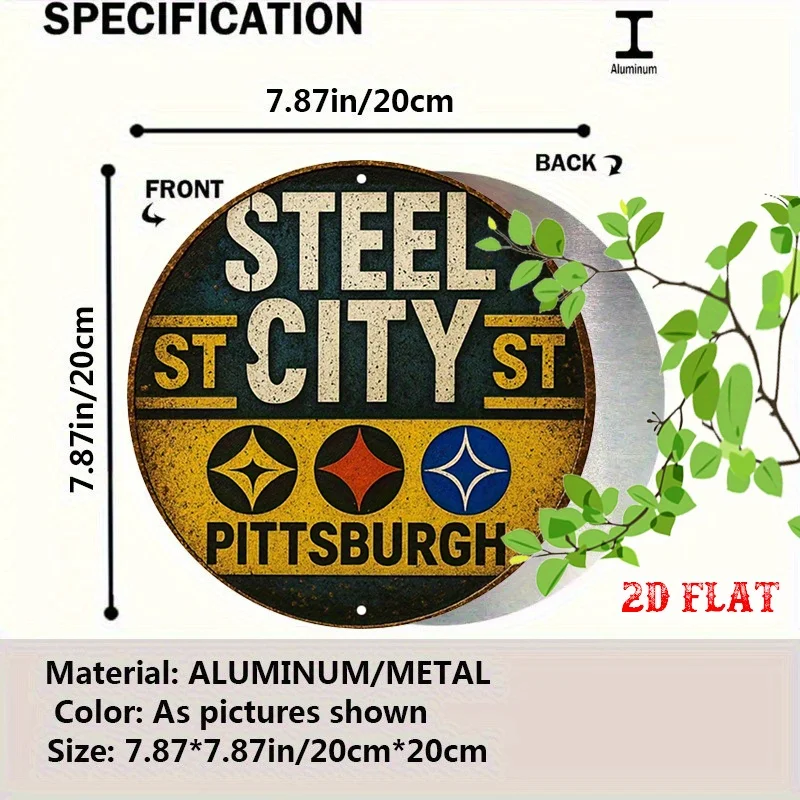 2D Flat 1pc Steel City 7.87X7.87 Round Aluminum Sign, Pittsburgh Spirit Round Aluminum Sign, Sports Pride Metal Tin Sign