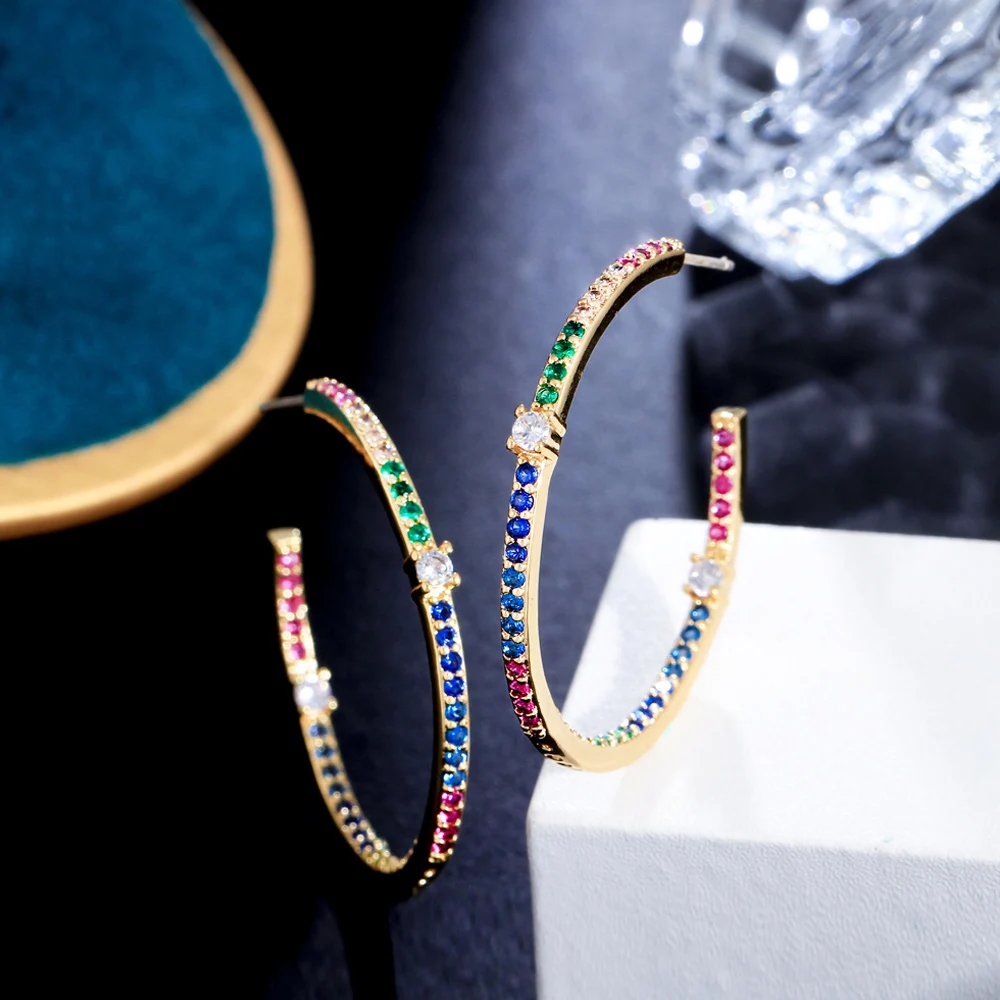 ThreeGraces Stylish Multicolor Cubic Zirconia Gold Color Small Thin Hoop Earrings for Women Fashion Daily Costume Jewelry E1077