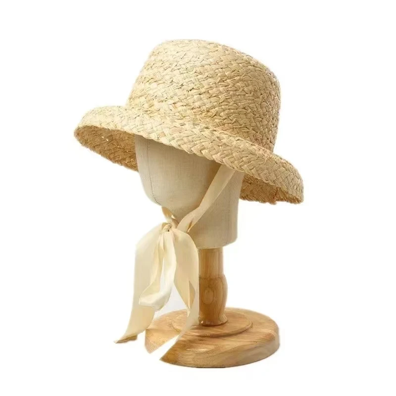 Summer Sun Hat for Big Girls Hand-knitted Raffia Retro Flat Top Sun Hats Girls Travel Sunscreen Vacation Straw Hat with Lacing