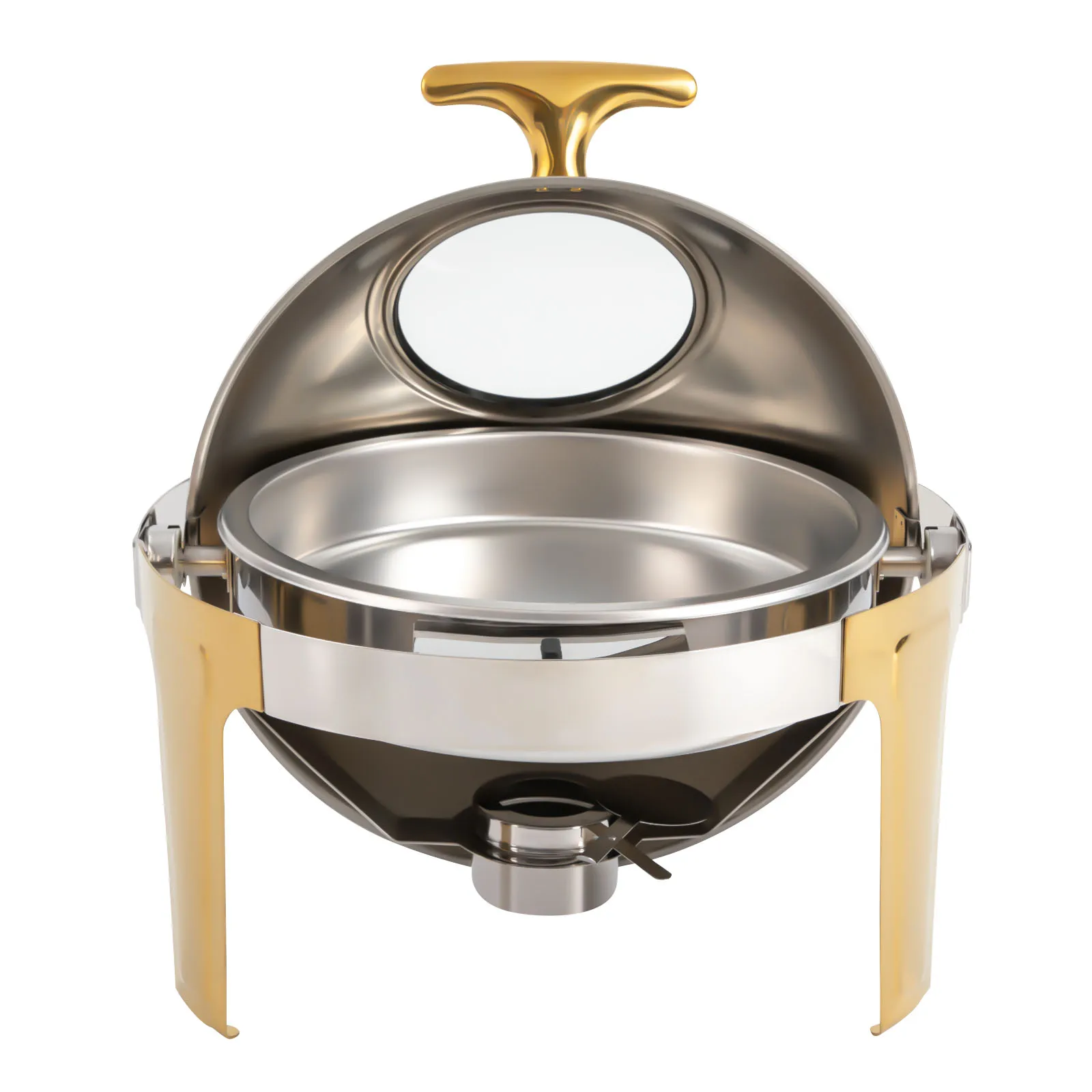 Chafing Dish, 3qt Capacity, Stainless Steel, Roll Top Lid, Gold Accents for Banquets and Catering