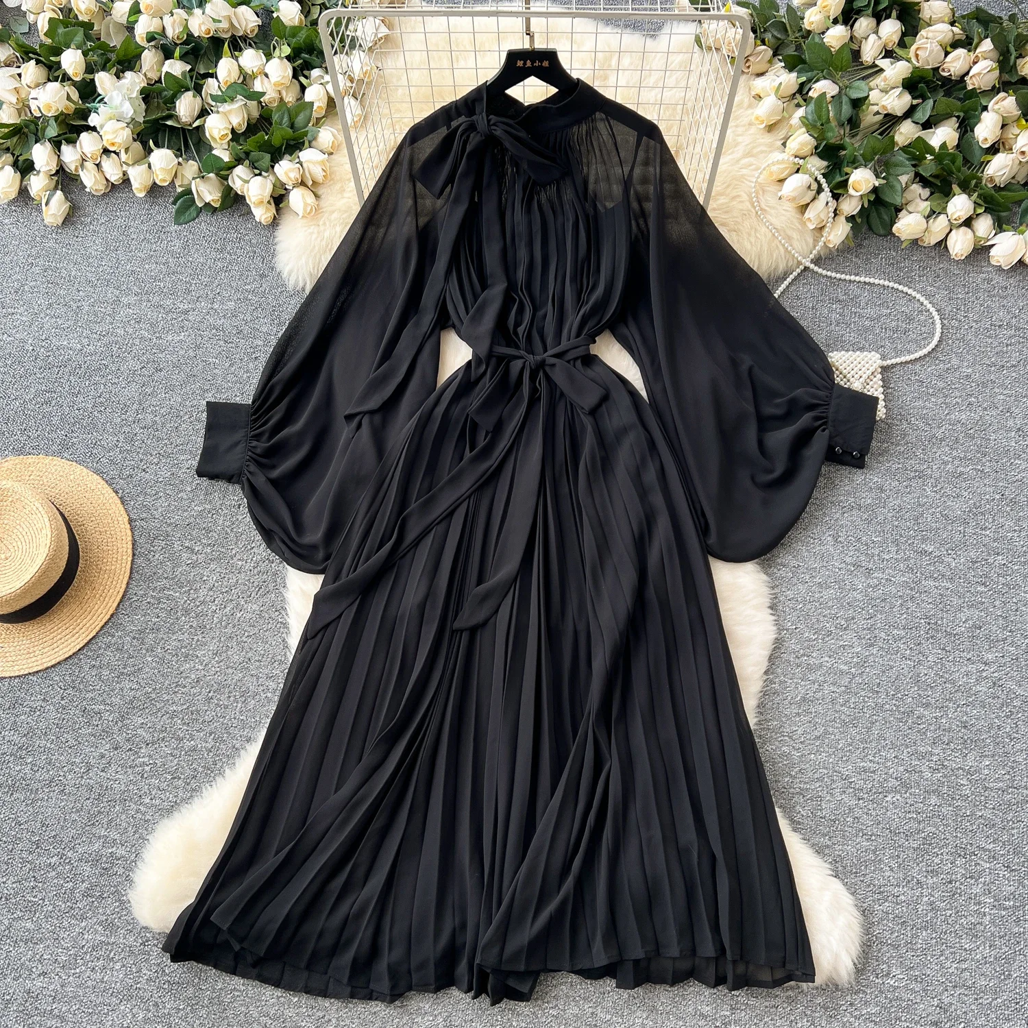 Elegant Long Flare Sleeves Vintage O-neck Bow Bandage Chic Print Loose Long Dresses Evening High Street Autumn Winter Clothing