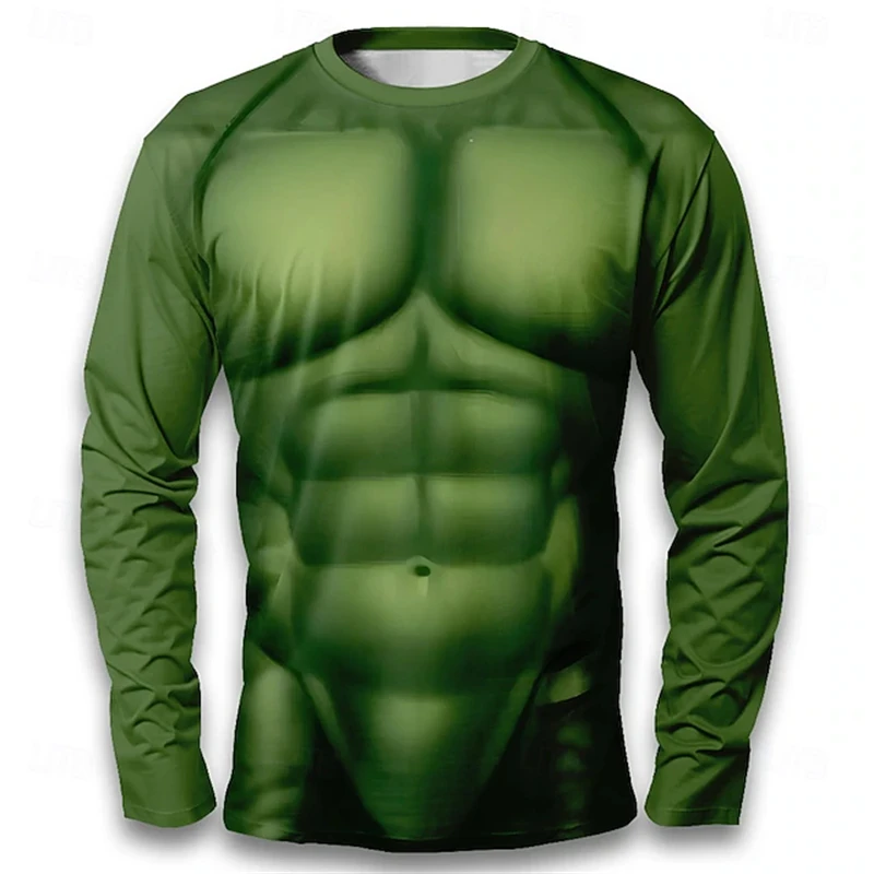 Fashionable Green Muscle T-shirt Men's Superhero Compression Shirt Top Men's Long-sleeved Fitness Suit Cosplay Party Costume