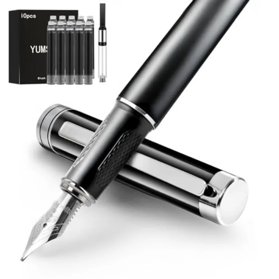 

Black Fountain Pen0.5mm Medium Nib for Writing Smooth Includes Refillable Ink Converter 10 Black Ink Cartridges and Gt Case For