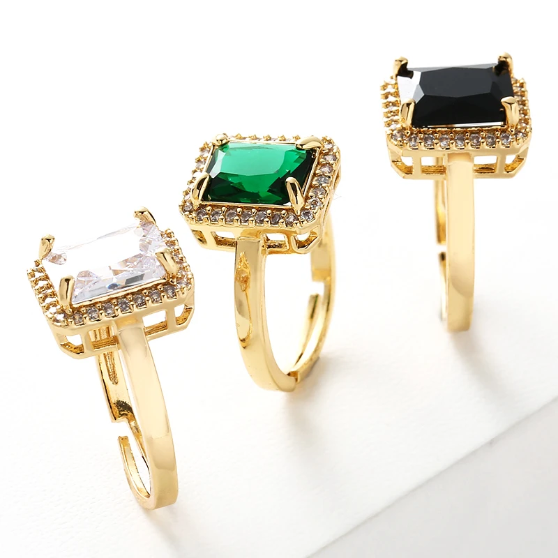 Elegant Emerald Ring for Women Adjustable Luxury Gold Color Inlaid Square Green Zircon Rings Fashion Vintage Aesthetic Jewelry