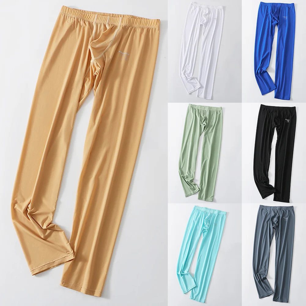 Mens Ice Silk Silky UltraThin Quick Drying Leggings No Underwear Required High Strecth Medium Waist Pants Man Long Johns