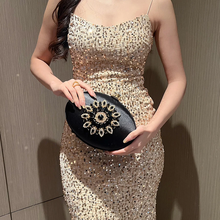 

Атласные овальные сумки со стразами для женщин, роскошный дизайн, аппликации, блестящая коробка, вечерняя сумка, американская мода, элегантные клатчи