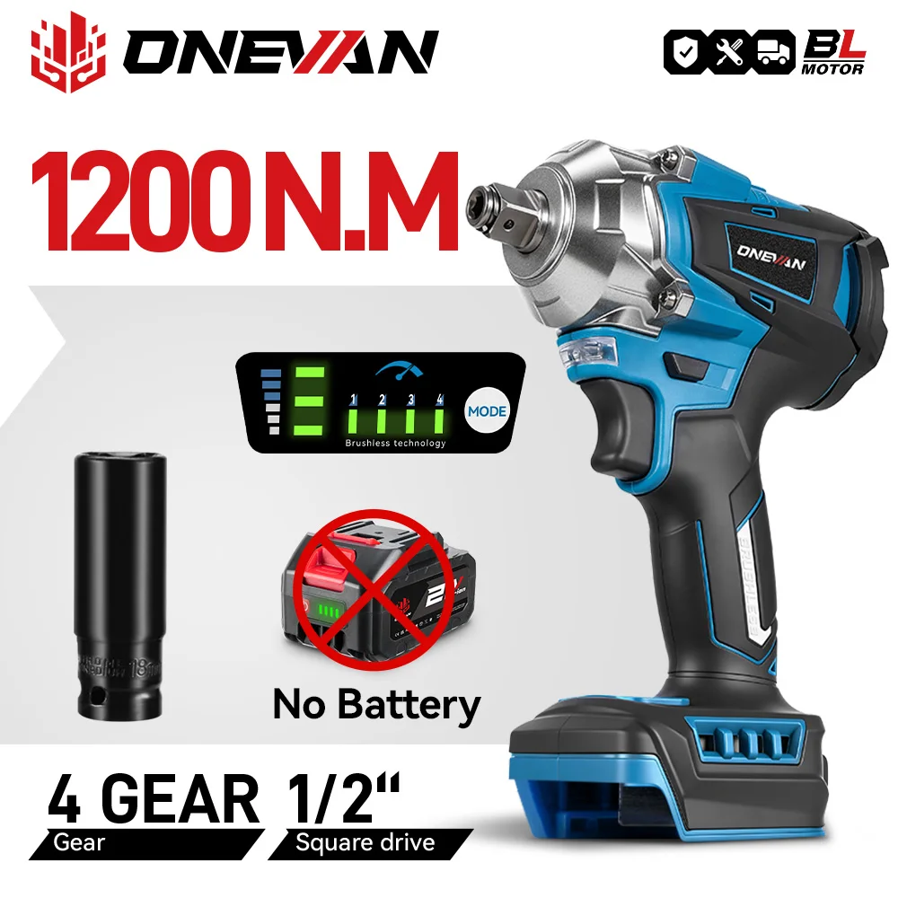 

Бесщеточный электрический ударный гайковерт ONEVAN 1200N.M, 1/2 дюйма, беспроводная дрель-шуруповерт, электроинструмент для автомобиля и дома, совместим с аккумулятором Makita 18V.