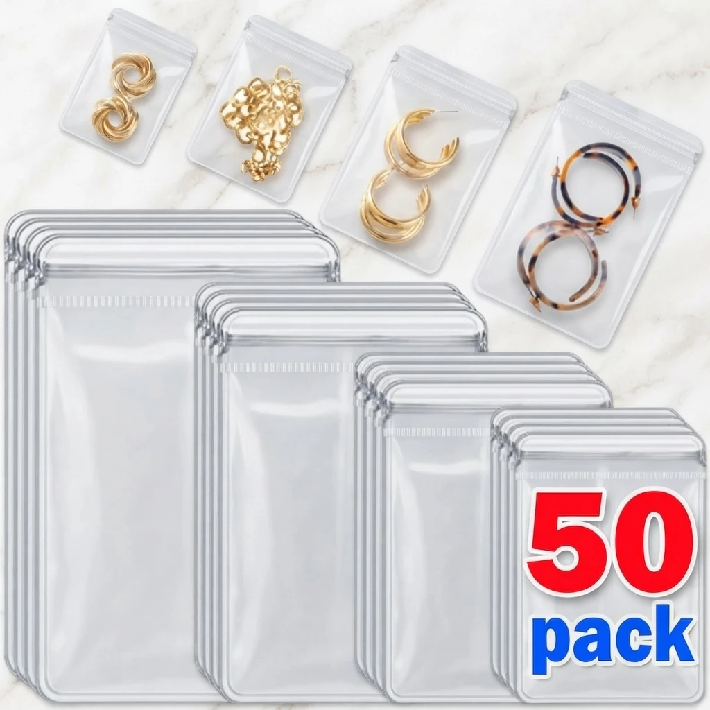 50pcs Jewelry Organizer Pouch Bags Transparent PVC Anti-Oxidation Earring Pendant Necklace Bracelet Storage Holder Bags