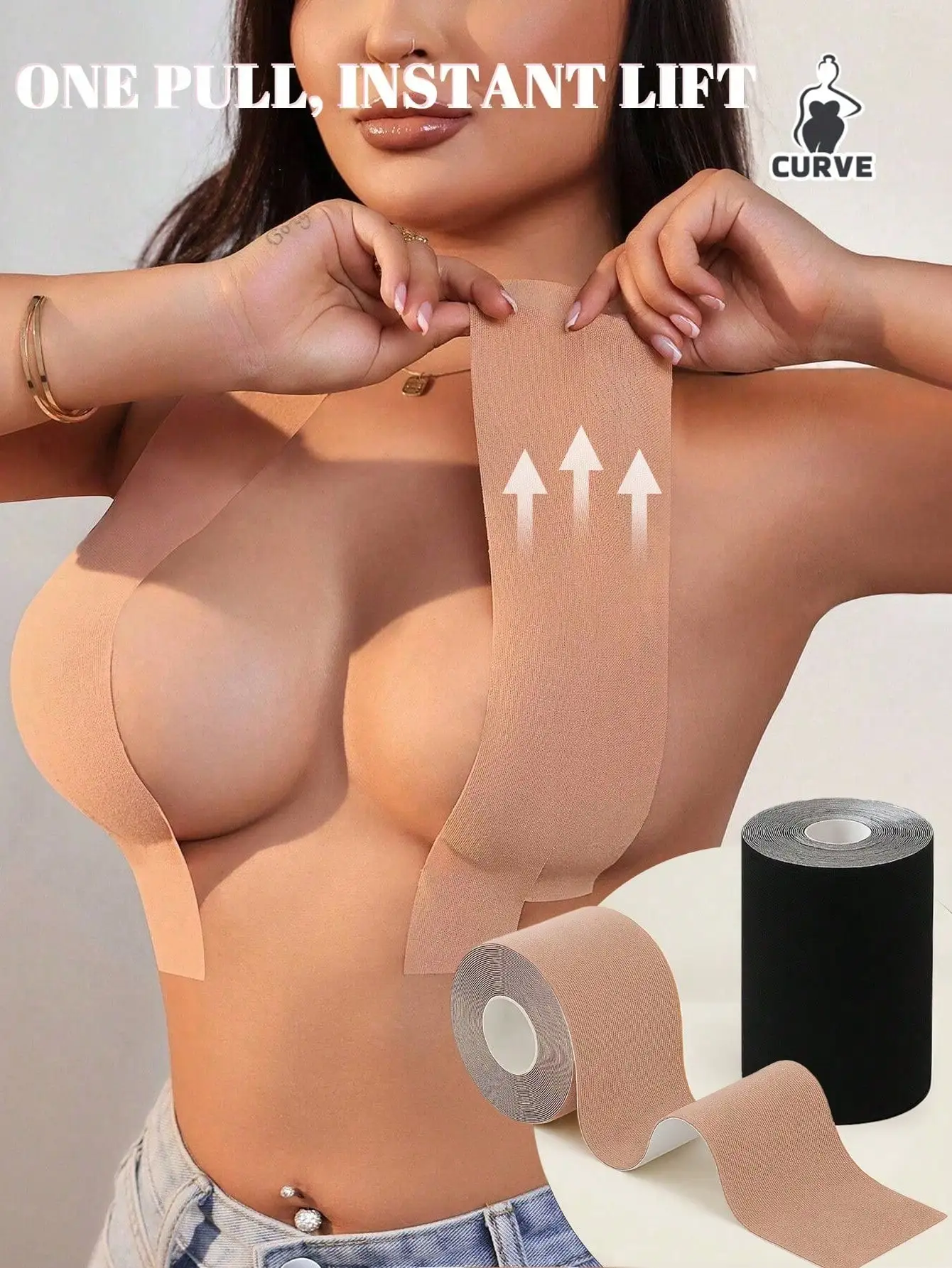 

Многоразовая бесшовная лента для подтяжки груди - натуральная и черная, регулируемая по размеру для чашек A-F