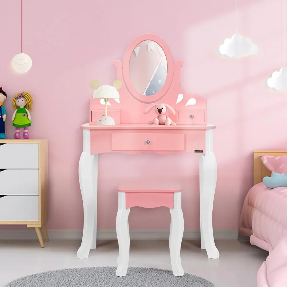 Kids Vanity Set, Princess MDF Makeup Dressing Table with 360° Rotating Mirror and Drawers for Girls, Pink