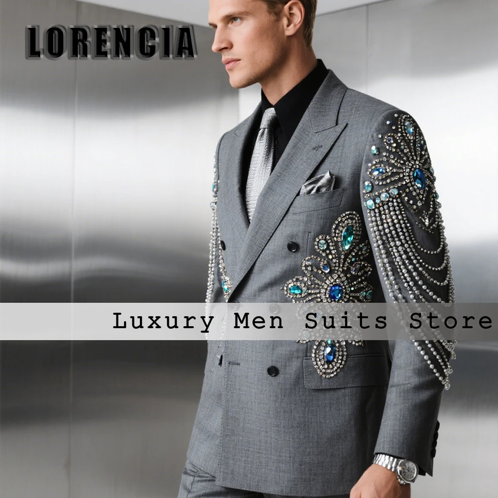 

Luxury Jewelry Men Suits 2 Pieces Double Breasted Tuxedos Beading Male Prom Blazer Pants Banquet Outfits Customized ropa hombre
