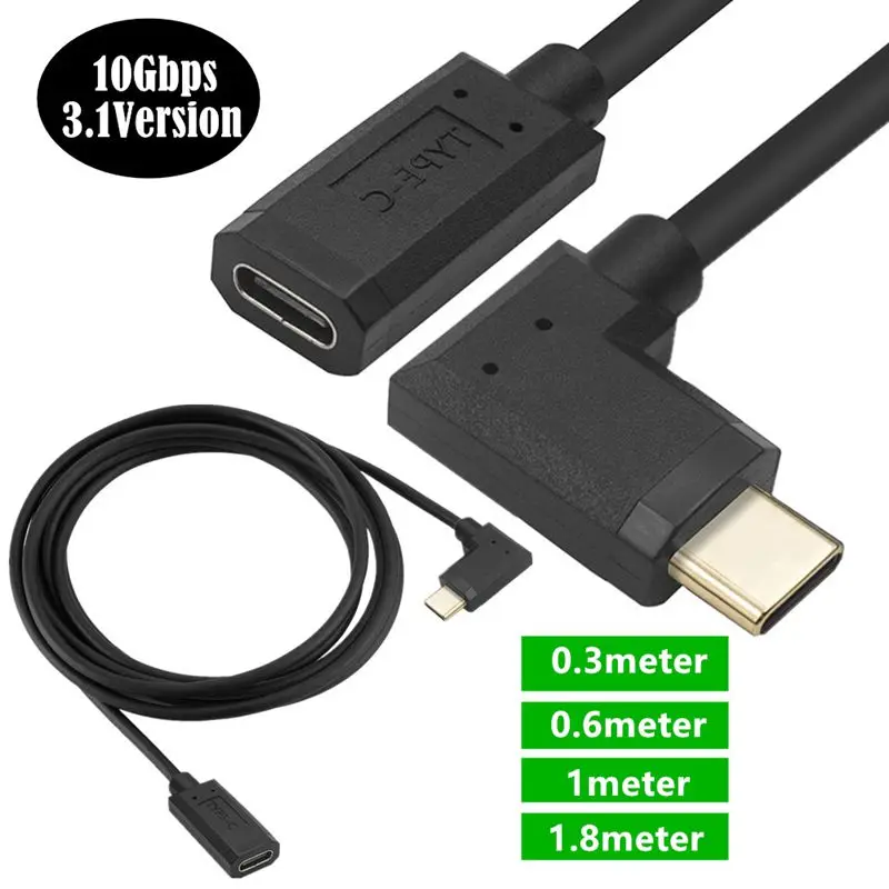 0.3m 0.6m 10Gbps Standard 16 Core Gold-plated USB 3.1 Type-C Male to Female 90 Degree Bend Data Extension Cable With 3A Current