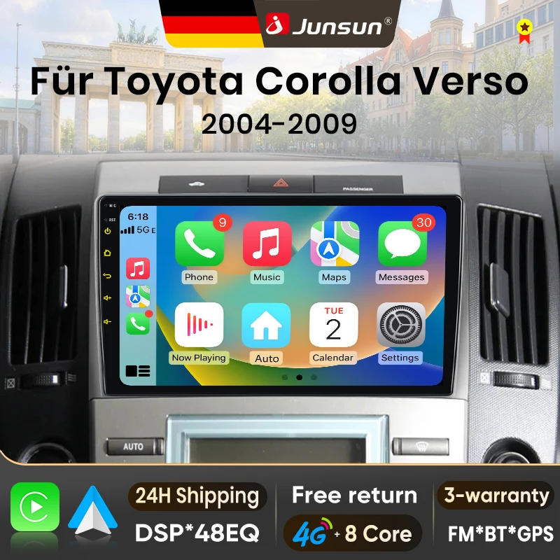 Autoradio Android 15 9 pouces Junsun pour Toyota Corolla Verso 2004-2009, sans fil, compatible Apple CarPlay, écran tactile IPS, lecteur multimédia vidéo, système intelligent automobile, autoradio 2 Din, GPS, navigation, BT, 4G, WIFI, FM, DSP, RDS, SWC, DAB+