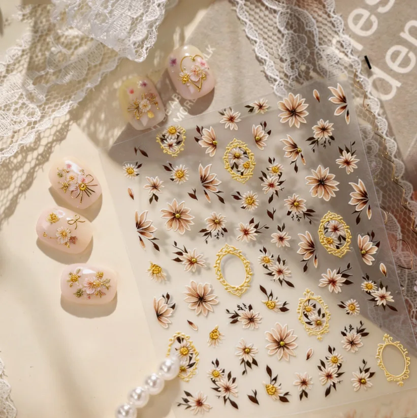 5D Geprägte Blumen-Nagelaufkleber Vintage Goldener Rahmen Selbstklebende Abziehbilder Frühling DIY Maniküre Salon Nageldekoration Zubehör-Set