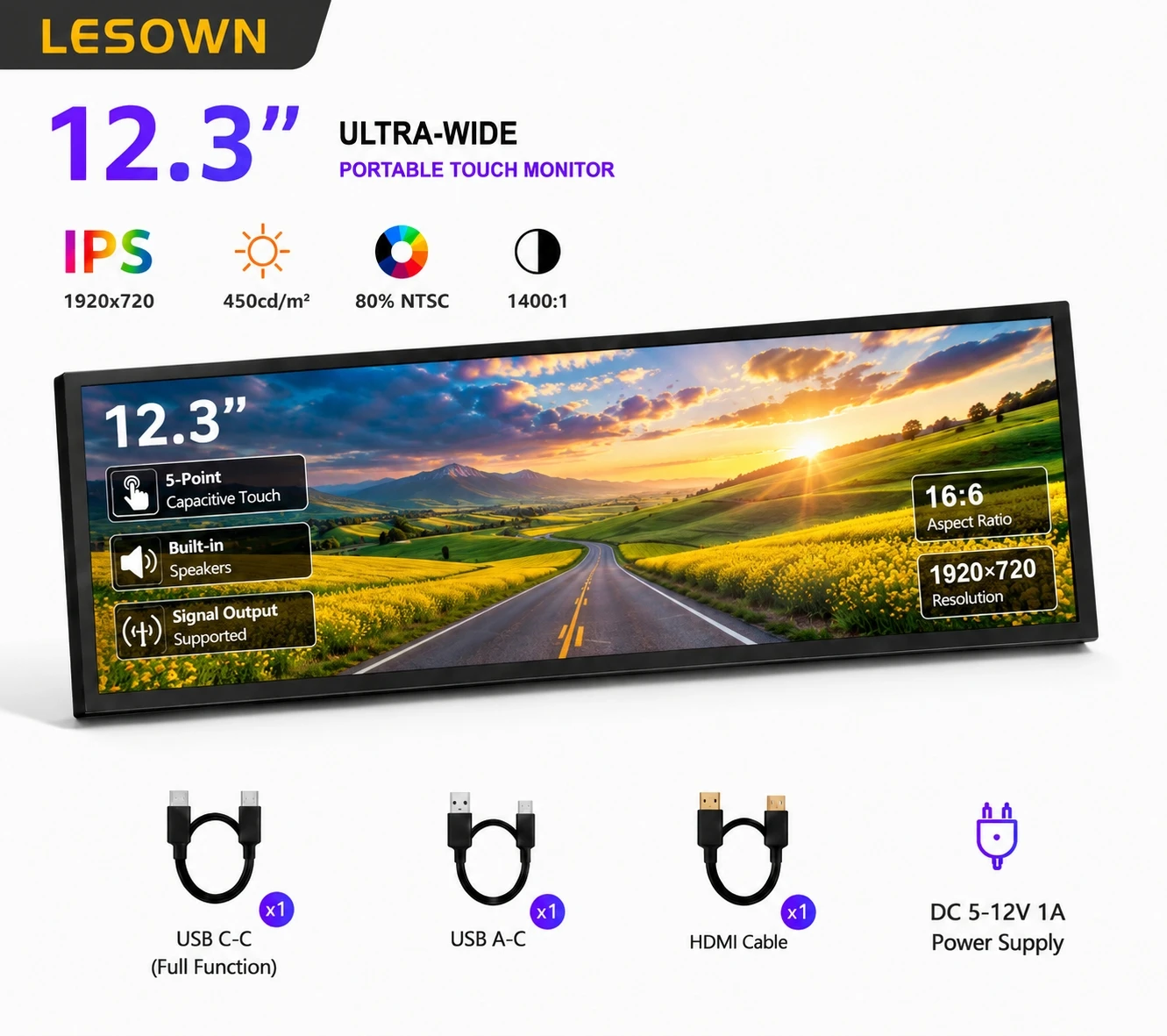 LESOWN 12.3" Second Screen 1920x720 IPS Matte Black Portable Monitor Sensitive Touch Plug & Play for PS5