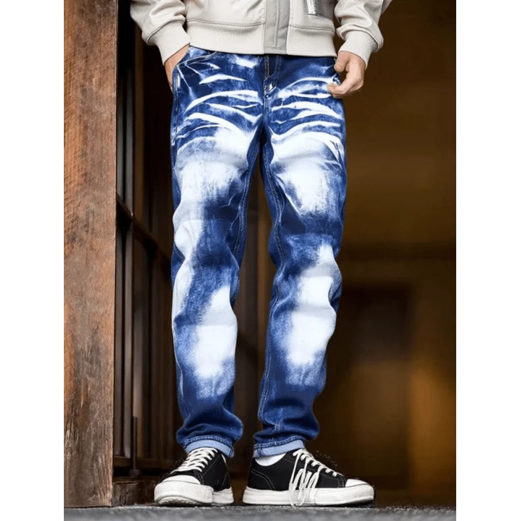 

Men's plus-size jeans, high-street fashion simple faded men's long pants, heavy washed stretch jeans