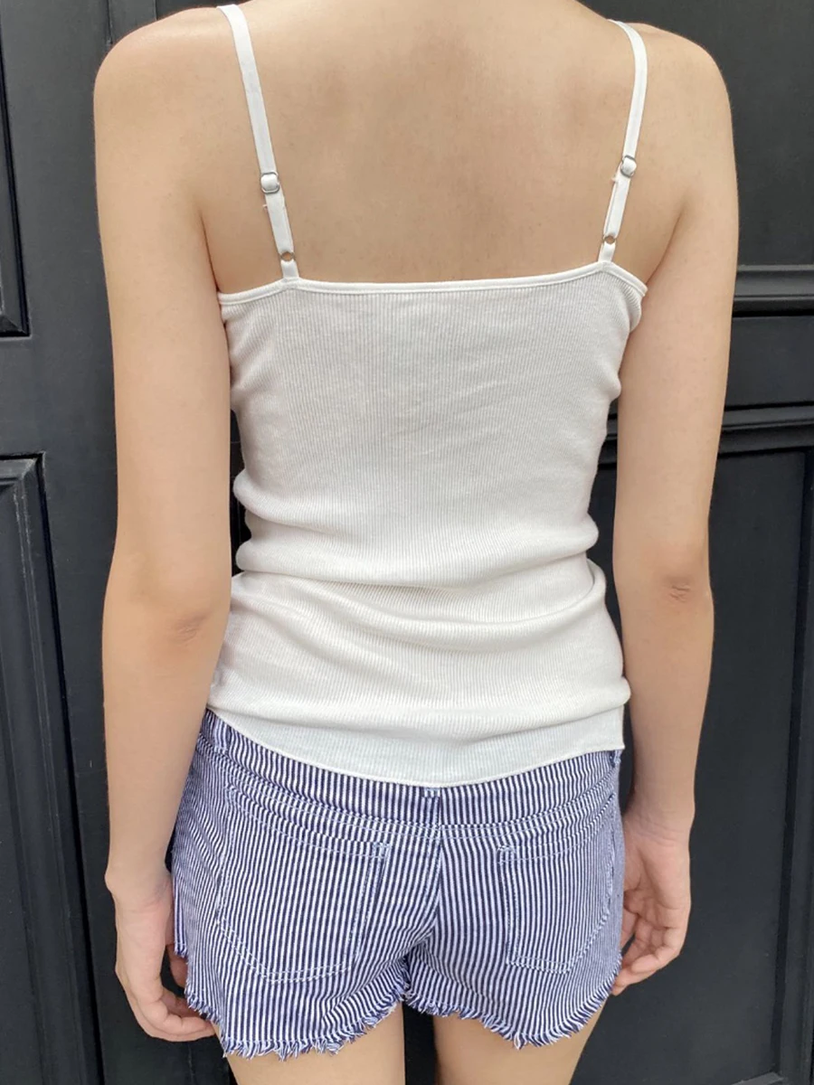 여성용 레이스 트림 버튼 립 슬림 탱크 탑, 민소매 코튼 화이트 심플 조끼, 빈티지 스위트 베이직 캐미솔 Y2k 탑, 여름