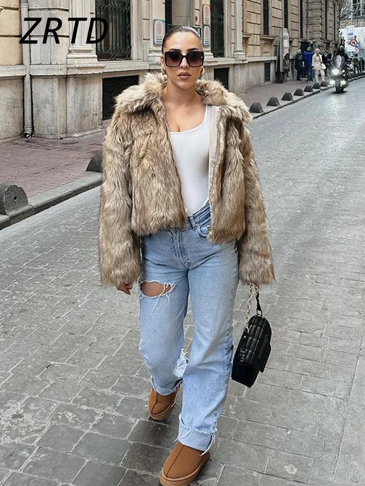 Luxury Faux Fur Women\'s Short Coats Fashion Lapel Zipper Long Sleeve Fluffy Thicken Jacket 2024 Winter Lady Street Loose Outwear