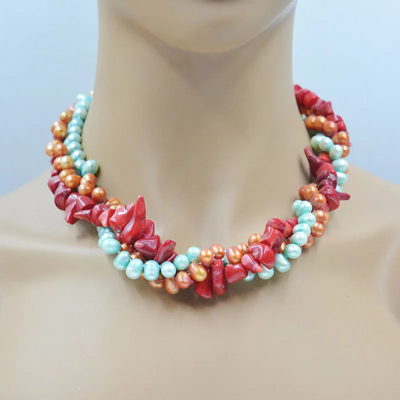 Natural freshwater pearls/irregular red coral necklace. Beautiful lady wedding anniversary gift 20”