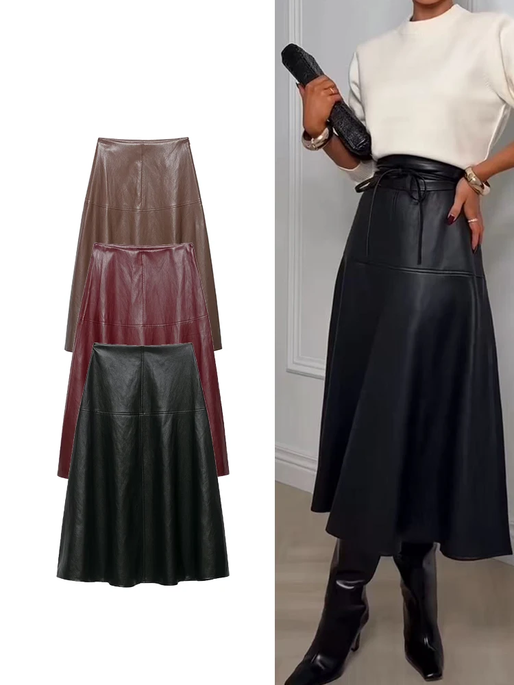 TFMLN Women Midi Skirt High Waist A Line PU Leather Long Skirts Elegant Fashion Solid Color Office Ladies Skirt Autumn New