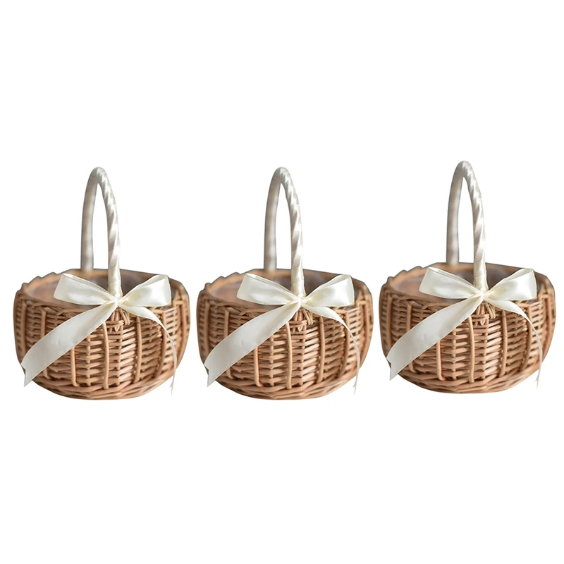 

3X Wicker Woven Flower Basket, With Handle And White Ribbon, Wedding Flower Girl Baskets, For Home Garden Decoration(S)