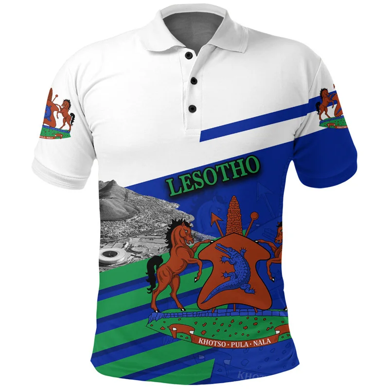 Lesotho Flag Map 3D Print Polo Shirt The RepublicOf Lesotho Coat Of Arms Graphic Polo T Shirt Vintage Mens Clothing Polo Shirts