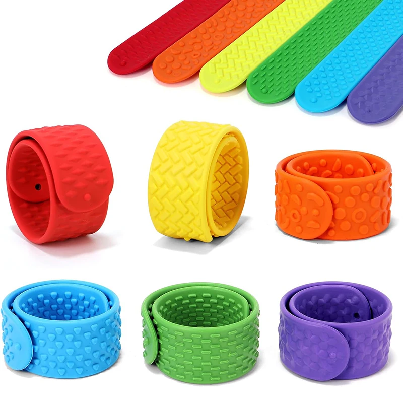 6개입 감각 장난감 어린이용 텍스처드 실리콘 슬랩 팔찌 불안 자폐증 ADHD 진정 스트레스 해소 선물