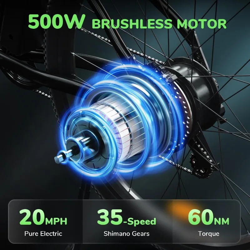 M10 Electric Bike Adult 500W, 26" Commuting Electric Mountain Bike 20MPH Max Range 55+ Miles, Removable Battery image 2