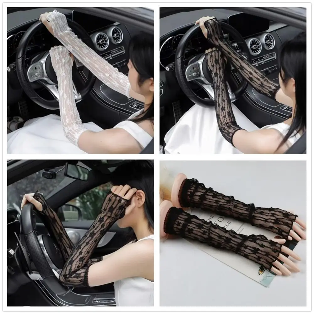 

Летние уличные дышащие солнцезащитные рукава с защитой от ультрафиолета, ультратонкие длинные перчатки без пальцев, кружевные сетчатые перчатки для вождения для девочек