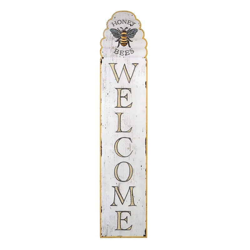 Bee Motif Large Farmhouse Vintage Wall Decor Wood Welcome Plaque