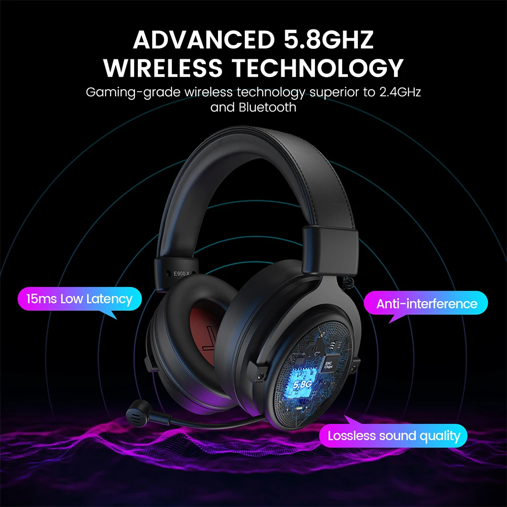 5.8GHz Wireless Headphones 7.1 Surround Sound Gaming Headset ENC Noise Cancelling Mic 15ms Low Latency 3 Mode Connection 50mm Drivers Immersive Audio Clear Voice Adjustable Mic for PC PS4 PS5 Xbox Switch