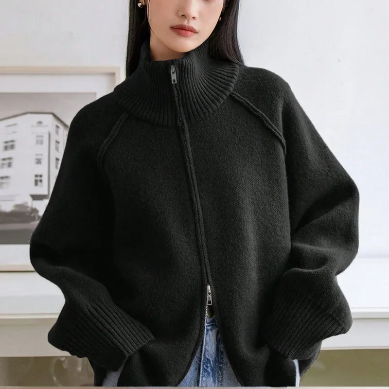 2025 Autumn Elegant Women's Sweaters Stand Collar Thick Warm Solid Winter Cardigans Vintage Korean Fashion Chic Sueter Mujer