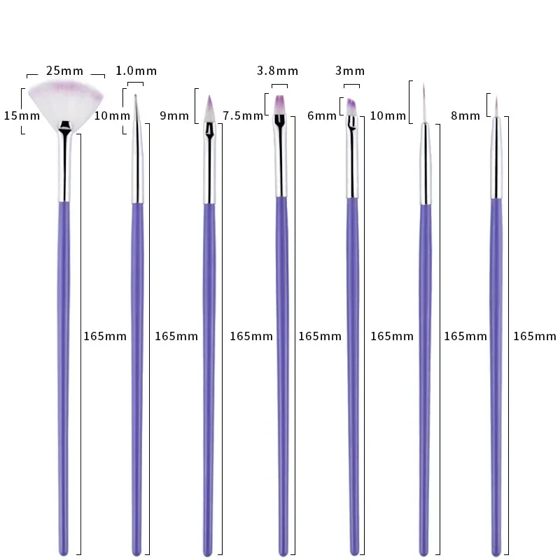 ชุดแปรงแต่งเล็บ7ชิ้นอุปกรณ์ทำเล็บสีม่วงสำหรับอะคริลิคยูวีเจลวาดลายจุดทำเล็บมือเล็บอุปกรณ์แต่งหน้า