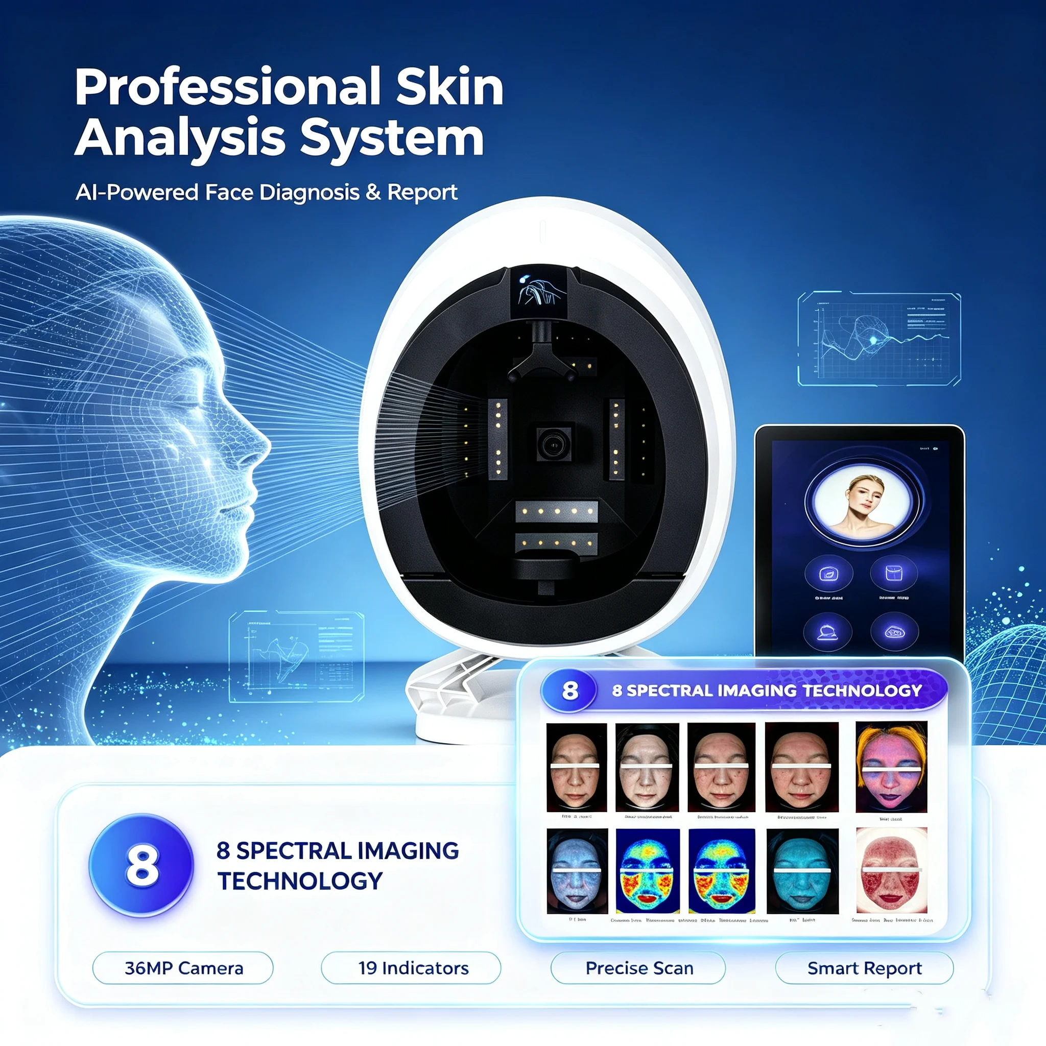 Machine d'analyse cutanée 3D IA, Analyseur de peau facial Magic Mirror 8 spectres avec logiciel espagnol pour salons de beauté et cliniques au Mexique